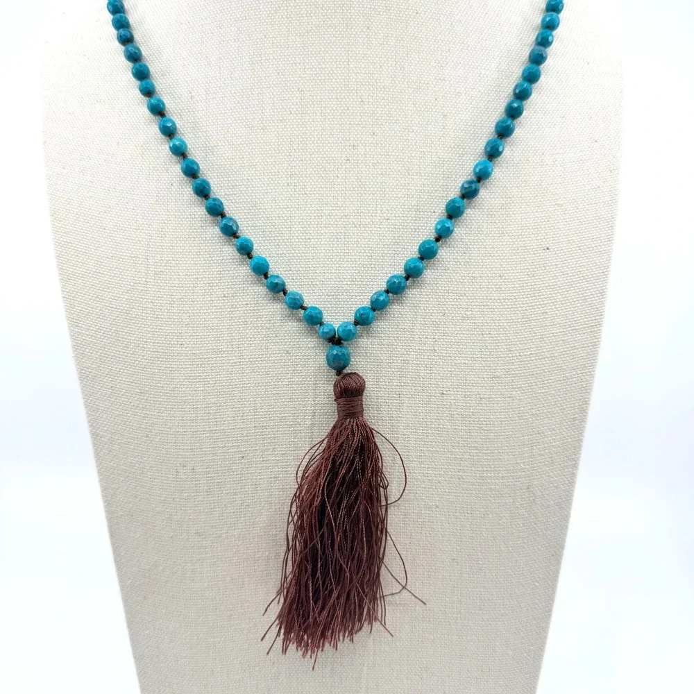 Necklace Vintage Bright Blue Stone‎ Knotted Mala Brown Tassel Boho Statement 90s